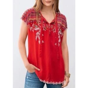 Johnny Was 100% Cupra Rayon Embroidered Red Floral 1/4 Button Tunic Sz S
